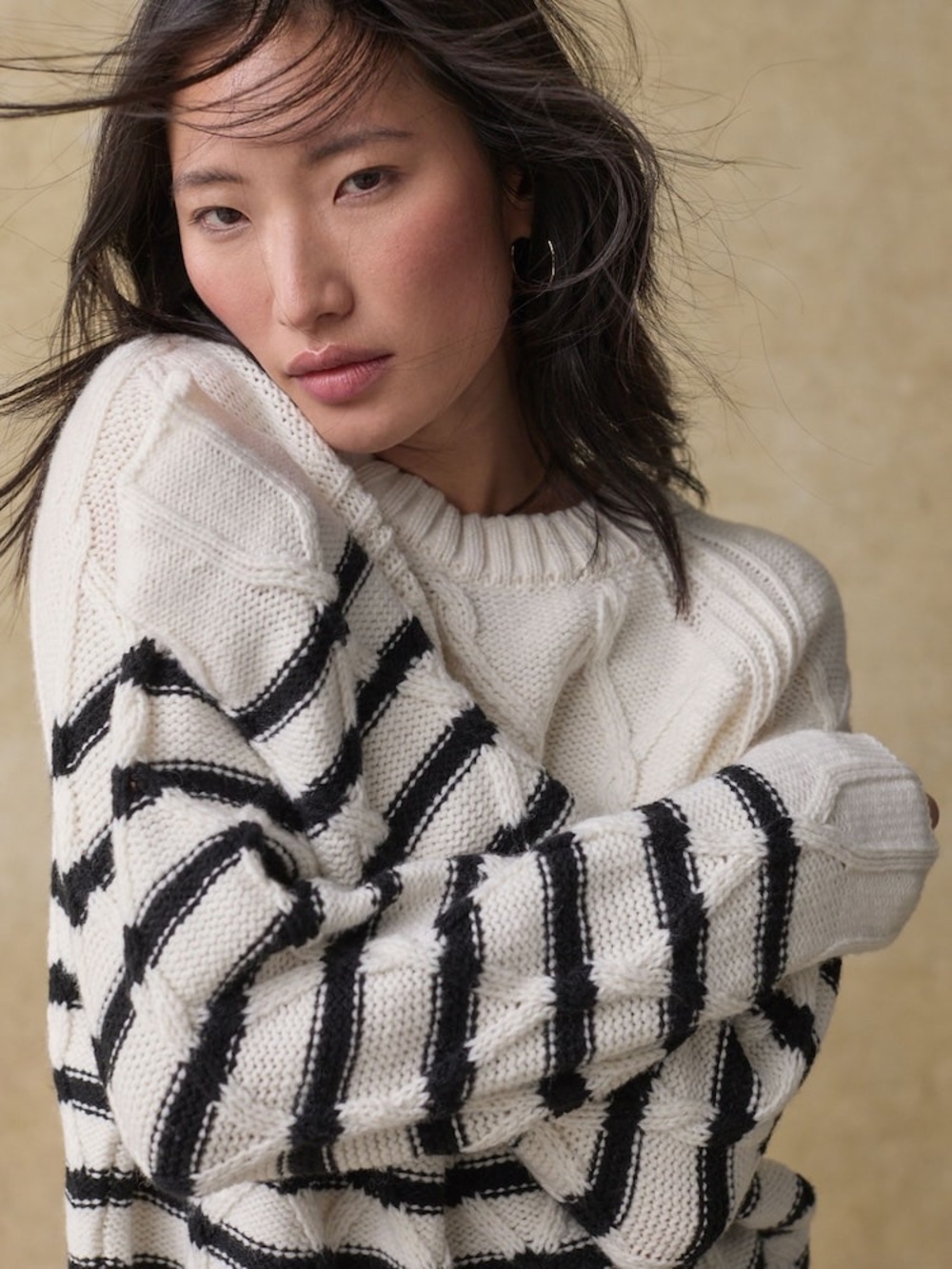 American Eagle Striped Cable Knit Crewneck Sweater